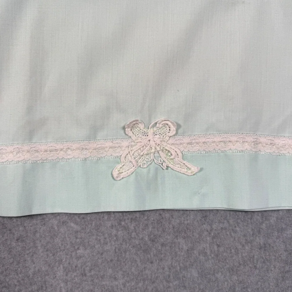 Vintage Mint Green Pillowcase Pair Lace Trim Butterfly Applique Standard Size